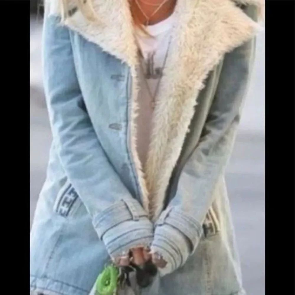 XICHILU Women Blue Long Sleeve Faux Fur Lined Jacket Size S